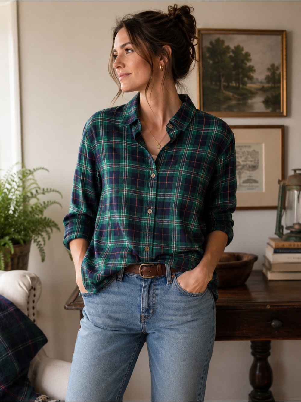 L.L.Bean Scotch Plaid Flannel Shirt Women L Relaxed Fit Green Navy 273137